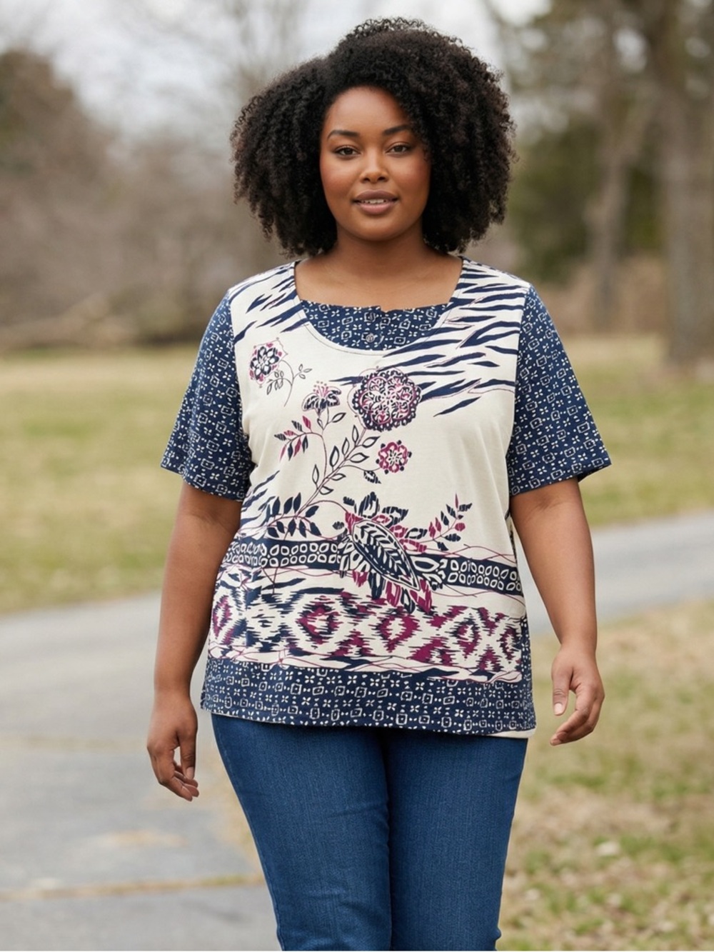 City Blues by Koret Tee Black/White/Burgundy XL Petite  Short Sleeve cotton
